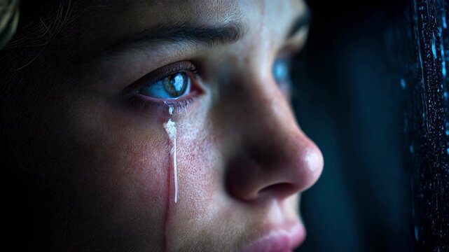 Single tear rolling down a person's cheek, emotional close-up