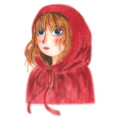 Watercolor illustration of Little Red Riding Hood. A fantasy character portrait for a children's book or story. Hand-drawn style for depicting the fairy tale.