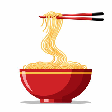 Vibrant vector illustration of a classic red bowl of Asian egg noodles with a pair of traditional chopsticks lifting a delicious wavy strand, isolated on a white background