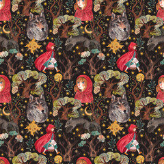 Little Red Riding Hood and wolf in a dark forest watercolor seamless pattern. Fairytale character for fabric print or children story book.