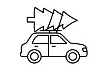 Car driving home with a christmas tree on roof, holiday season outline icon conveying festive winter travel and delivery