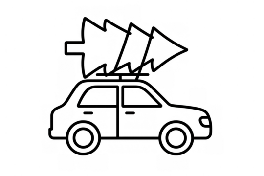 Car driving home with a christmas tree on roof, holiday season outline icon conveying festive winter travel and delivery