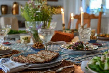 Fototapeta premium Elegantly set dining table with food and candles