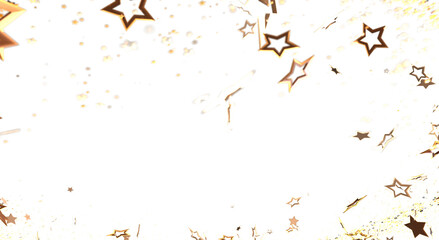 Abstract background with falling gold star confetti. Celebration, festive atmosphere, bokeh effect, for design templates or greeting cards.