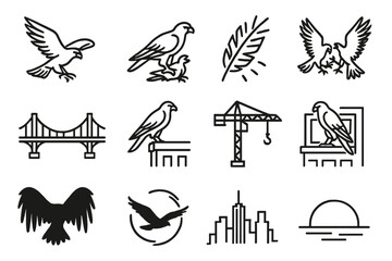 Obraz premium Skyline Falcon Hunt. Line style icons of skyline hunting: falcon strike, prey in talons, feather scatter, mid-air clash; city