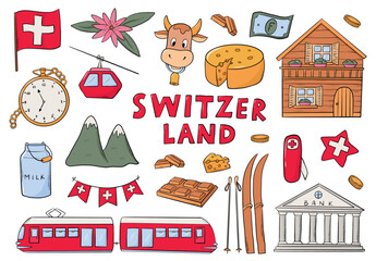 Switzerland doodles collection, clipart set for prints, cards, posters, banners, social media visuals, stickers, etc. EPS 10