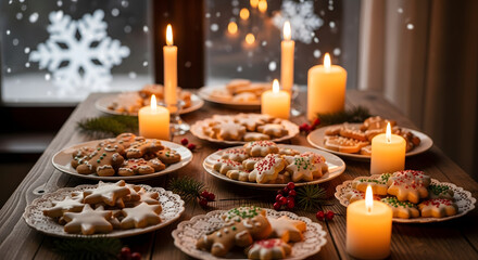 Christmas cookies displayed on plates with candles and snowflakes  