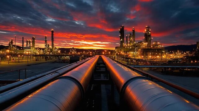 Industrial Dawn: An industrial complex stands tall against a fiery dawn sky, showcasing the intersection of industry and the natural world, representing a vivid tableau of progress.