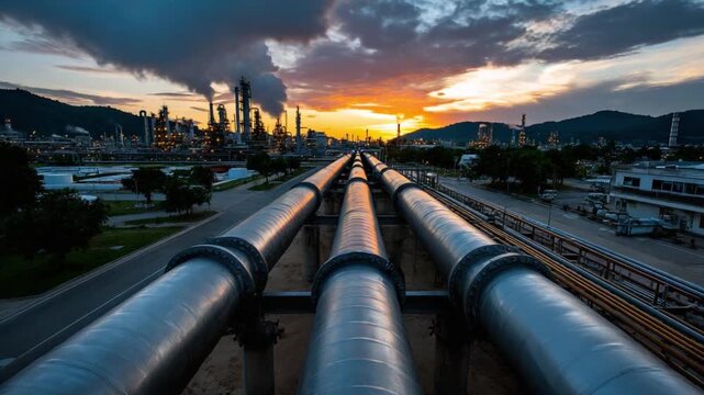 Industrial Pipes at Sunset: Majestic industrial pipes stretch towards the horizon, framed by the fiery hues of the setting sun, against a backdrop of industrial infrastructure.
