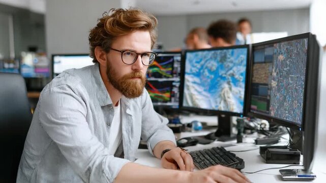 Focused Professional in Modern Workplace: A focused, bespectacled professional engrossed in his work at a modern workstation, using multiple computer screens with data analysis.