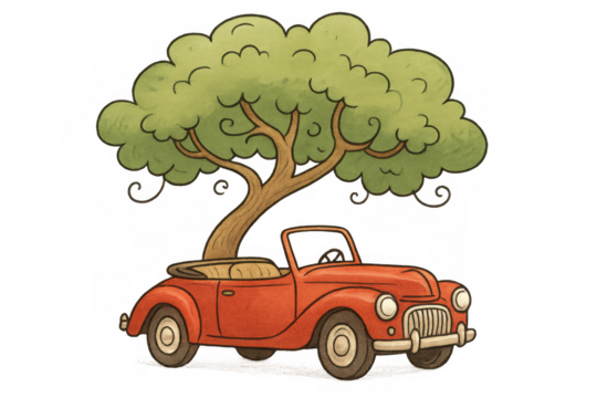 Red vintage convertible car with a tree growing from its trunk, symbolizing eco-friendly transportation and nature integration
