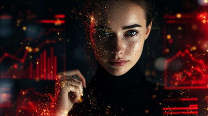 Woman's Face with Digital Financial Data Overlay - AI Trading Concept