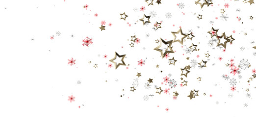 Elegant golden stars and delicate snowflakes dance across a white backdrop, creating a festive and joyful atmosphere, perfect for holiday design