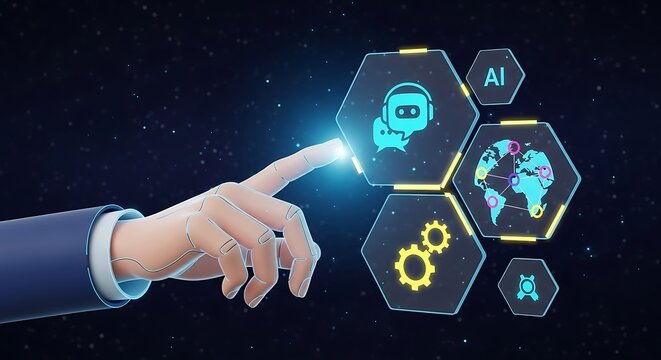 Artificial intelligence interaction concept with human hand touching AI symbols - Powered by Adobe