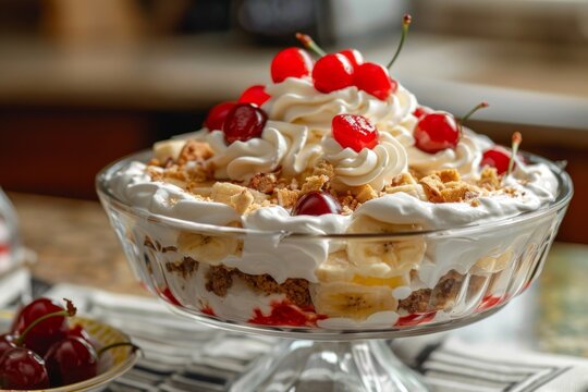 Delicious dessert trifle with cherries and bananas