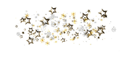 Elegant festive design featuring gold and silver stars and snowflakes on a white backdrop. Perfect for Christmas, New Year, and holiday themes.