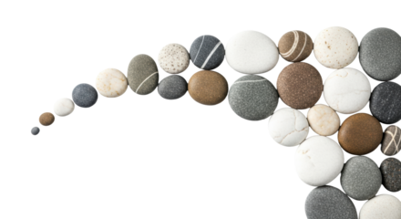 Top-down, diverse natural stones and pebbles in earthy tones and textures on a seamless transparent background with ample negative space, concept of natural balance and sustainability