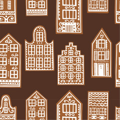 Hand-drawn gingerbread houses. Vector  seamless pattern.