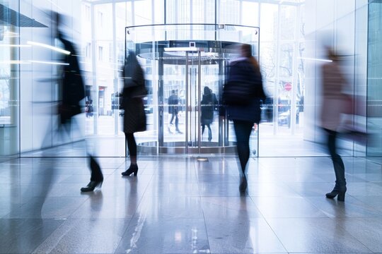 People walking through a revolving door in a modern building