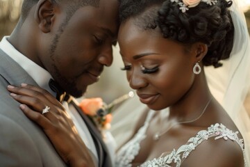Happy couple embracing during wedding ceremony