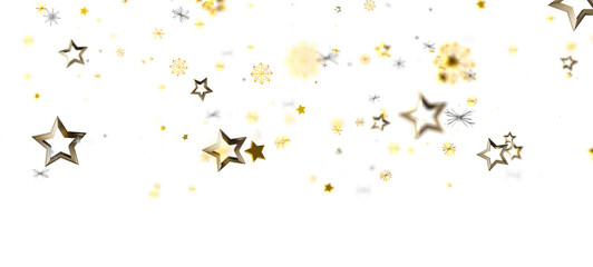 Festive golden stars and sparkling elements falling on a white background, perfect for holiday designs, christmas, or any celebration.