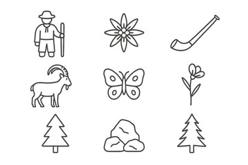 Fototapeta premium Alpine Meadow Icons. Line style icons of Alpine Meadow: Shepherd, Edelweiss, Alpine Horn, Mountain Goat, Butterfly, Wildflower,