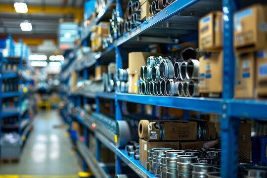Industrial warehouse shelves filled with metal parts
