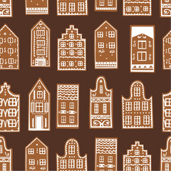 Hand-drawn gingerbread houses. Vector  seamless pattern.