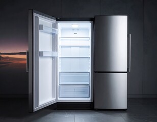 Modern stainless steel refrigerator with open door in a contemporary kitchen