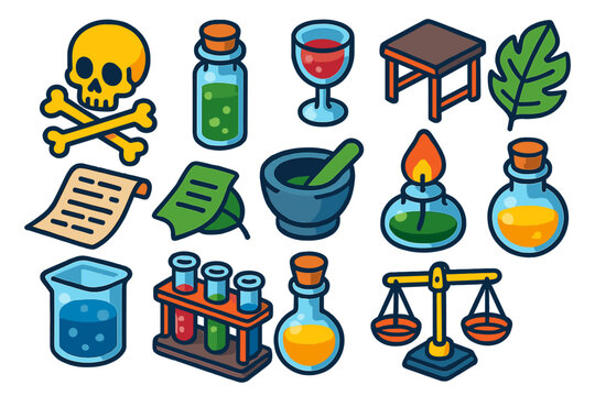 Vintage Toxicology Icons. Isometric vector illustration set Vintage Toxicology: skull with crossbones, poison vial, antidote glass