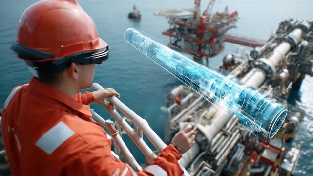 Engineering the Future: An offshore worker immersed in cutting-edge augmented reality, interacting with holographic schematics of advanced machinery at an industrial oil platform.