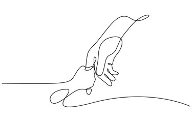 One continuous line drawing of baby kid hand holding mom dad parents hands. Vector illustration on transparent background