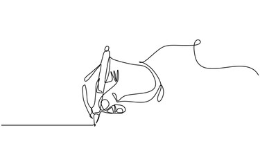 Continuous one line drawing of Hand holding ball pen vector illustration. Isolated on transparent background