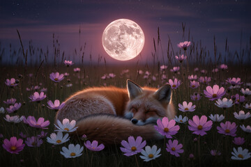 Naklejka premium Sleeping fox among wildflowers under full moonlight in dreamy night meadow atmosphere.