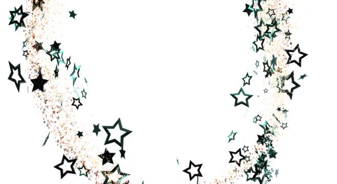 Dynamic abstract design featuring trails of black stars on a white backdrop, suitable for holidays, celebrations, and festive designs. Ideal for - Powered by Adobe