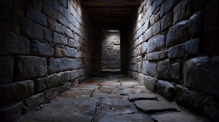 A dimly lit ancient stone corridor with rough walls and a passage leading into darkness