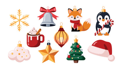 Holiday Ornament Collection: A delightful ensemble of festive ornaments, including a snowflake, bell, fox, penguin, star, Christmas tree, and Santa hat, radiating holiday cheer and joy.