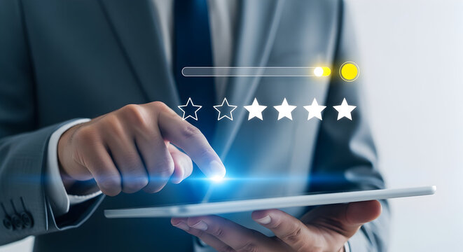 Customer feedback system with star rating on a tablet, assessing service quality and user experience