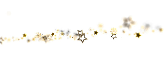 Festive abstract golden stars and glitter sparkle on white background, perfect for holiday designs and celebrations. Ideal for greeting cards an