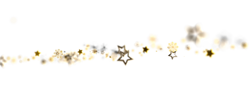 Festive abstract golden stars and glitter sparkle on white background, perfect for holiday designs and celebrations. Ideal for greeting cards an