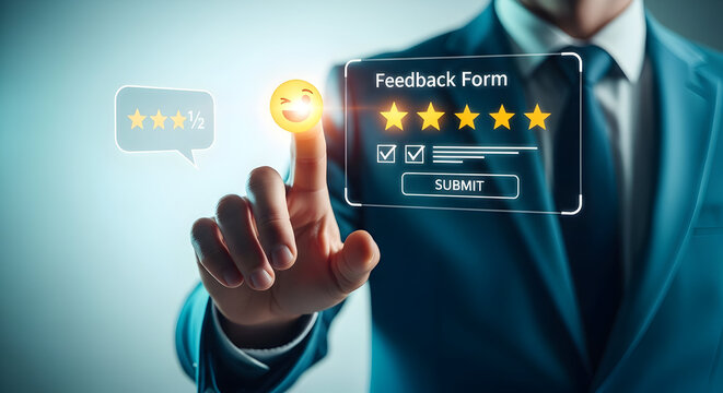 Customer satisfaction survey with stars, happy face emoji, and submit button on a digital interface