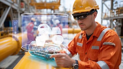 Innovative inspection: A skilled worker, adorned in safety attire, engages with sophisticated technology, seamlessly examining digital schematics overlaid onto the physical machinery. - Powered by Adobe