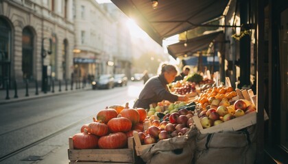 Outdoor street vendor displays vibrant harvest produce under bright sunlight beside a city road