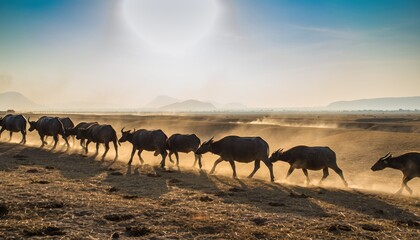 Herd of large dark bovines moves across a sunlit, arid landscape kicking up dust.