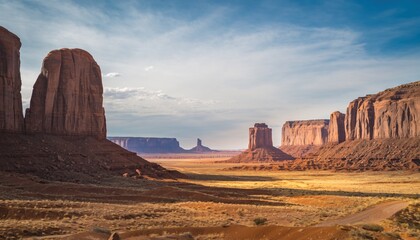 Majestic desert buttes rise dramatically over a vast, arid valley under a bright sky