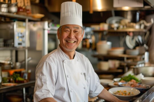 Smiling senior chef working in a restaurant kitchen - Powered by Adobe
