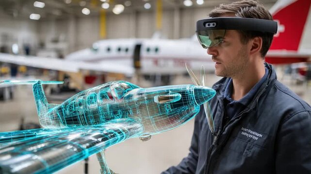 Innovator with Augmented Reality: An aerospace expert, immersed in the world of augmented reality, utilizes advanced technology to inspect an aircraft. showcasing the blend of innovation, design.