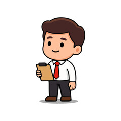 Cute office worker cartoon character holding clipboard in chibi style. Businessman with red tie checking report illustration in kawaii design. 