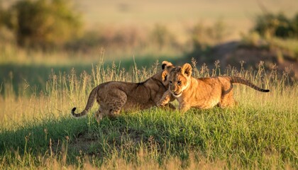 Two young feline predators playfully interact upon a grassy mound in natural sunlight