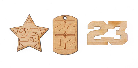 Naklejka premium Wooden Soviet military symbols isolated on white background